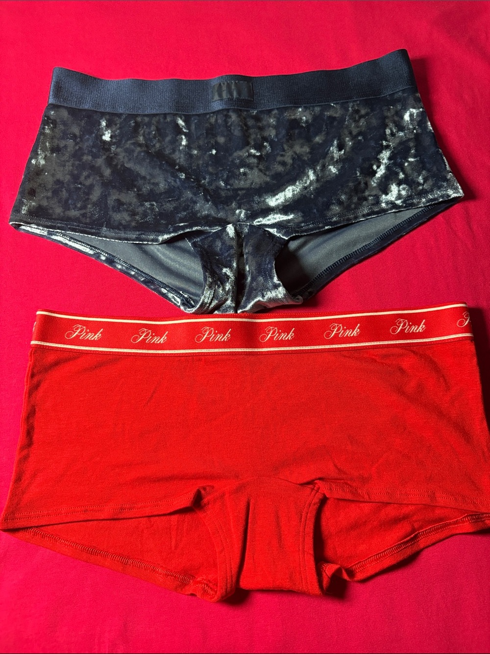 PINK Victoria's Secret Black Crushed Velvet Boyshort + Red Cotton Boyshort Set